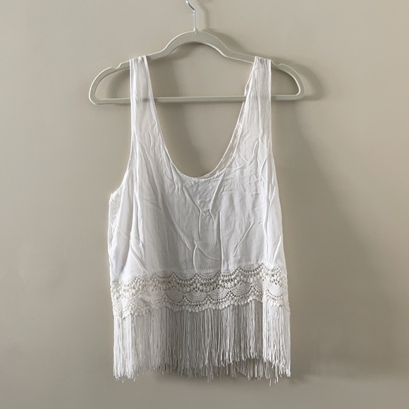 Forever 21 Cute White Tank with Lace & Fringe - L - Picture 2 of 4